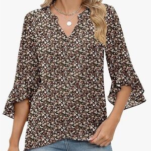Floral V-Neck Blouse - Brown and White